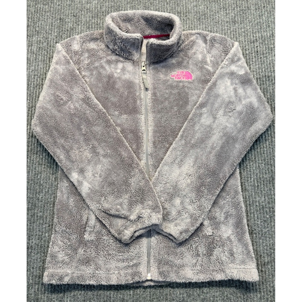 The North Face Girls Osito Full Zip Fleece Jacket Grey Pink Logo Size M 10/12